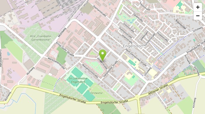 Karte mit dem Standort der Kopffüßler-Werkstatt am Klingerplatz 5 in Leipzig-Engelsdorf